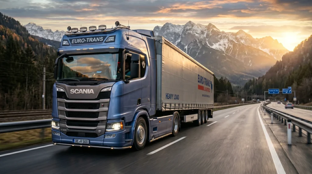 A blue Stream RT truck based on the Scania Next-Gen hauling a Euro-Trans heavy load trailer on a wide highway with scenic snow-capped mountains and a sunset in Truckers of Europe 3.