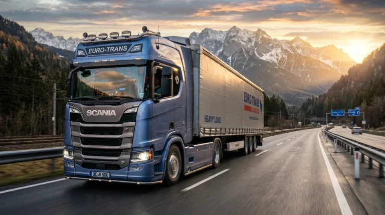 A blue Stream RT truck based on the Scania Next-Gen hauling a Euro-Trans heavy load trailer on a wide highway with scenic snow-capped mountains and a sunset in Truckers of Europe 3.