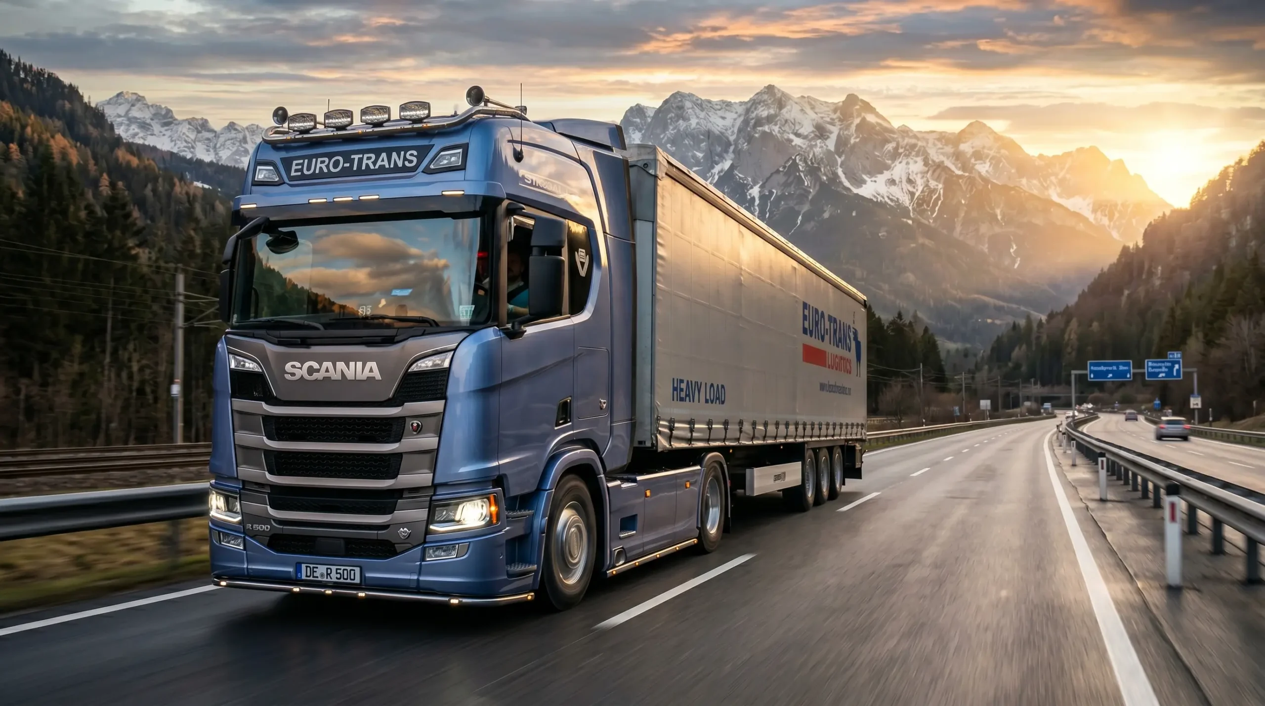 Speed vs. Stability: The Real Driver’s Guide to the Best Trucks in Truckers of Europe 3 1 A blue Stream RT truck based on the Scania Next-Gen hauling a Euro-Trans heavy load trailer on a wide highway with scenic snow-capped mountains and a sunset in Truckers of Europe 3.