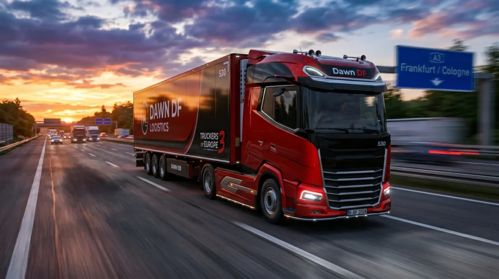 Speed vs. Stability: The Real Driver’s Guide to the Best Trucks in Truckers of Europe 3 3 A red Dawn DF cargo truck accelerating down a multi-lane European highway at sunset, showcasing high-speed tuning and aerodynamics in Truckers of Europe 3.