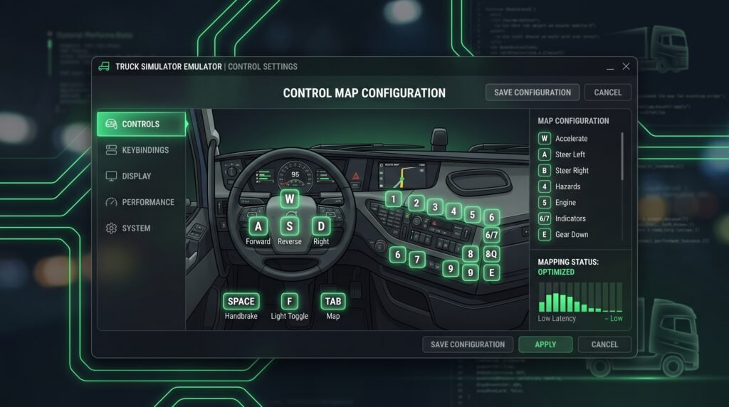 Emulator key mapping interface showing customized keyboard controls and button assignments for Truckers of Europe 3 on PC.