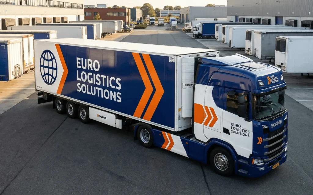 A Scania semi-truck and matching box trailer combo showcasing the Euro Logistics Solutions 4K skin design inside a distribution yard.