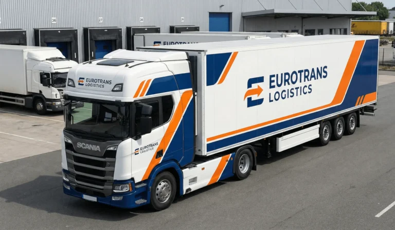 A Scania semi-truck with a matching box trailer featuring the white, blue, and orange Eurotrans Logistics 4K skin at a loading terminal.