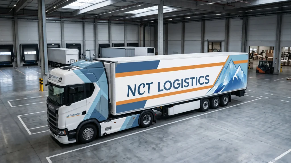 A modern semi-truck with a matching arctic mountain themed NCT Logistics 4K box trailer skin parked at a loading terminal.