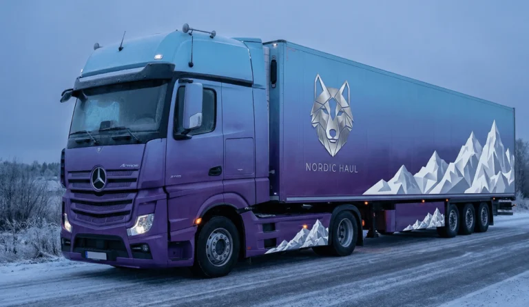 A Mercedes-Benz Actros truck pulling a matching box trailer wrapped in the purple and blue Nordic Haul geometric wolf skin on a snowy road.