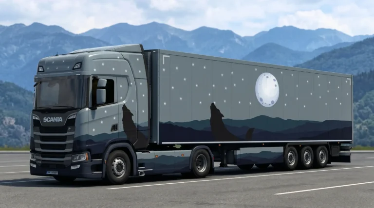 A Scania prime mover and matching box trailer showcasing the Midnight Howl custom skin applied, parked in front of scenic mountains.
