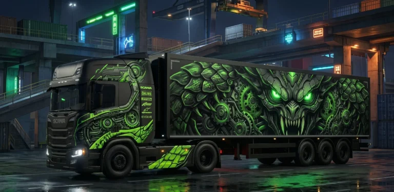 A heavy-duty truck and box trailer showcasing the applied The Beast Truckers of Europe 3 skin on a highway.