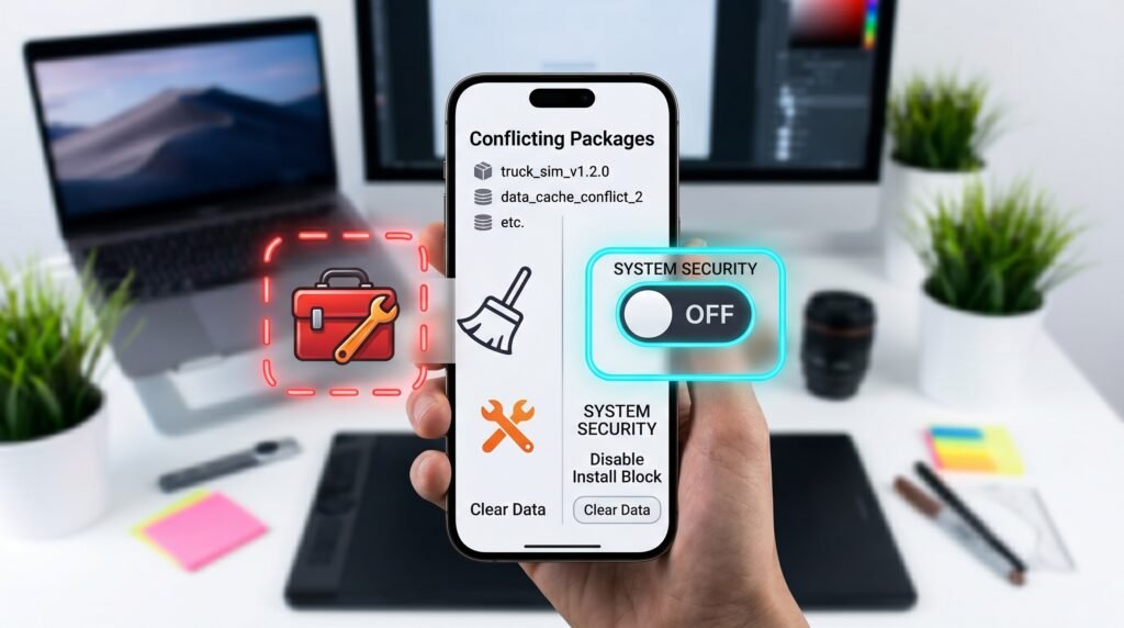 How to Fix App Not Installed Truckers of Europe 3 Error 2 Smartphone screen demonstrating how to clear conflicting packages and toggle off install blocks to resolve a toe3 app not installed fix.