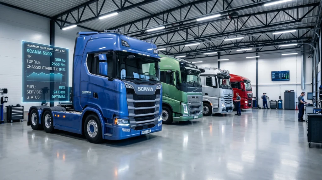 A row of highly detailed European flat-nose trucks parked in a modern, brightly illuminated virtual fleet management garage.