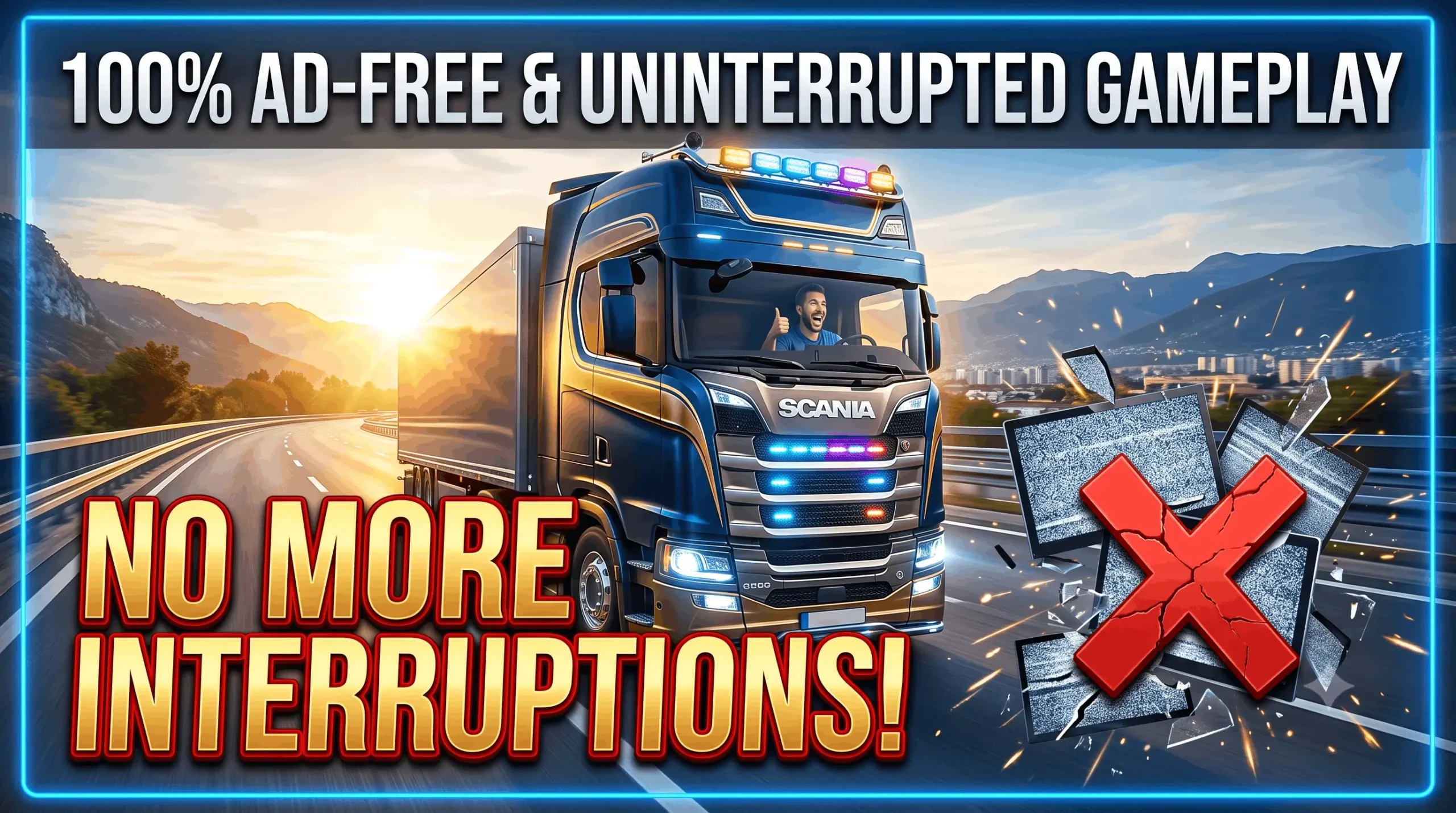 Truck driver giving thumbs up on highway with broken ad screens crossed out, ad-free gameplay banner