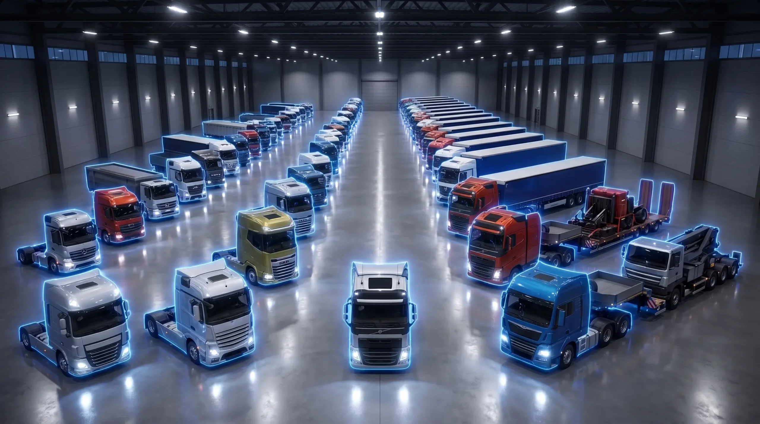 Virtual garage lined with dozens of unlocked truck brands including Volvo, DAF, Scania, and Mercedes