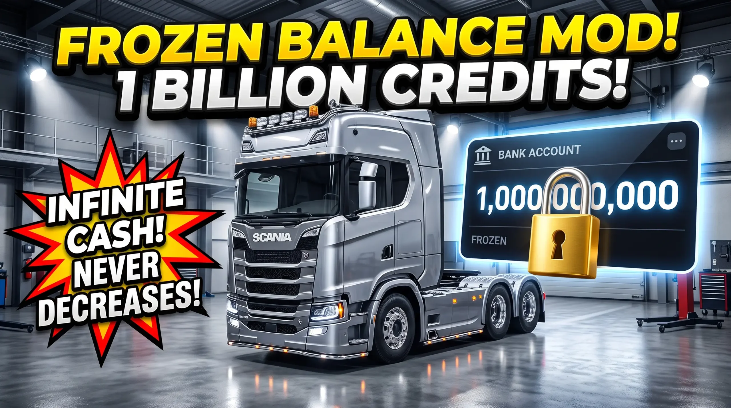 Frozen balance mod showing 1 billion credits locked bank account with Scania truck in garage