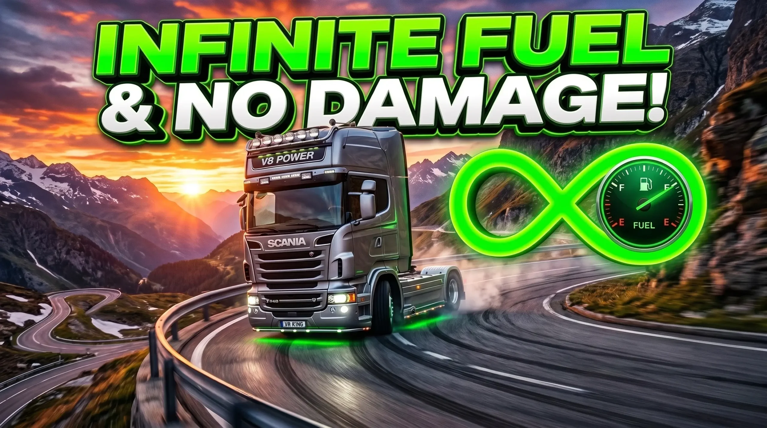 Scania V8 truck drifting on alpine mountain road with infinite fuel gauge symbol