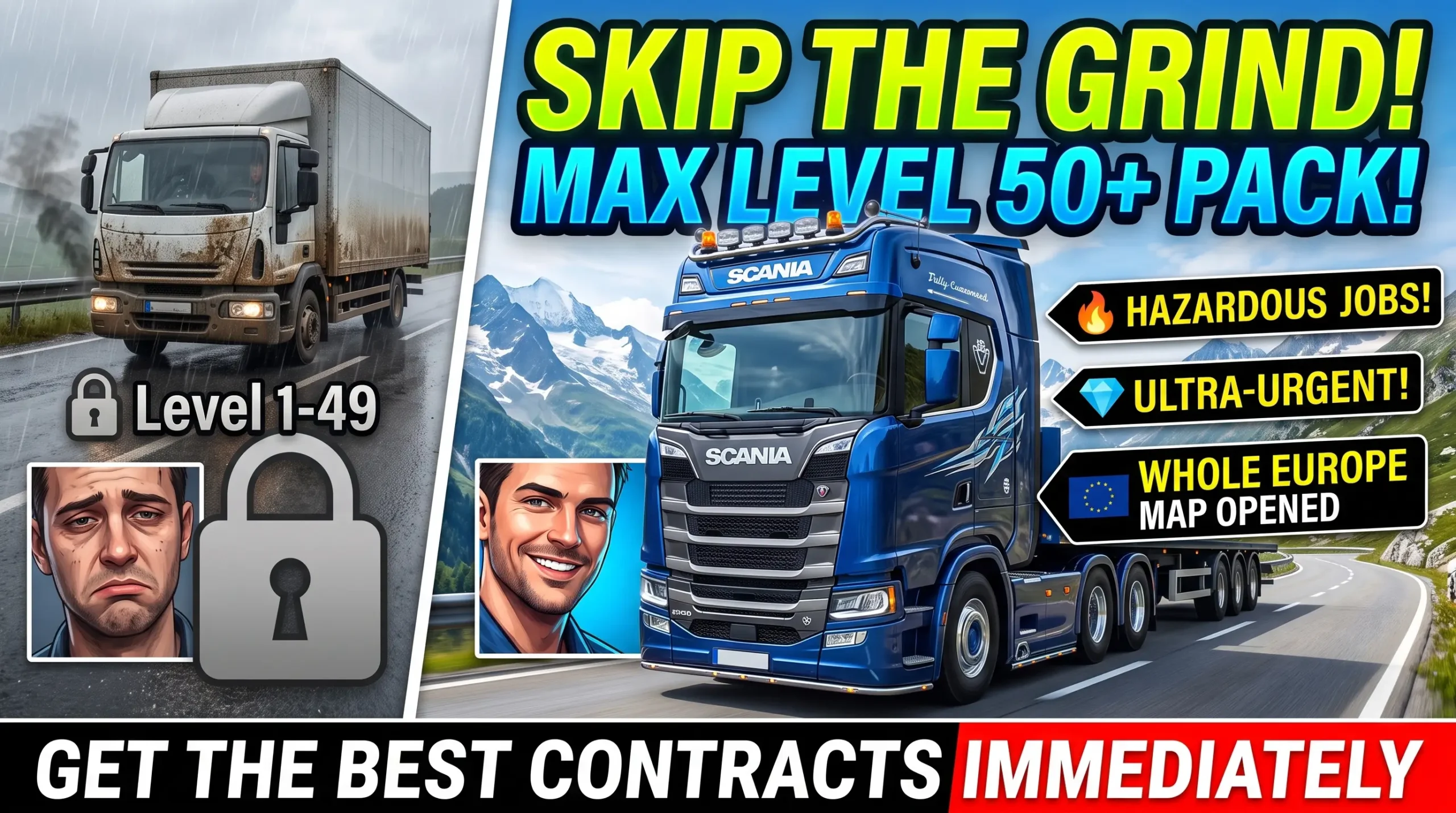 Before and after comparison of tired low-level trucker versus max level 50 driver with unlocked Europe map